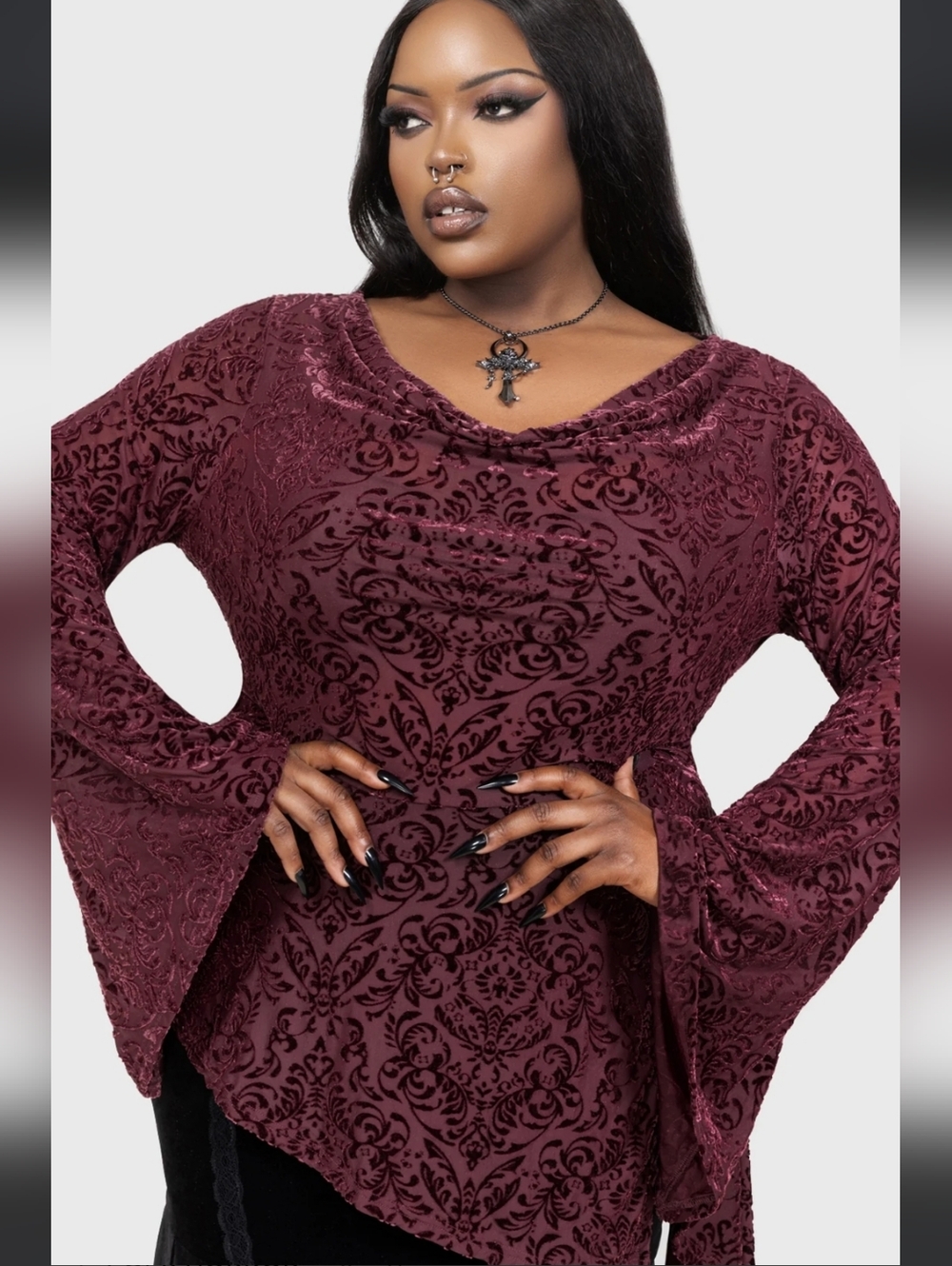 Killstar Burgundy Velvet Burnout Long-Sleeve Asymmetrical Top Dress - Picture 7 of 8